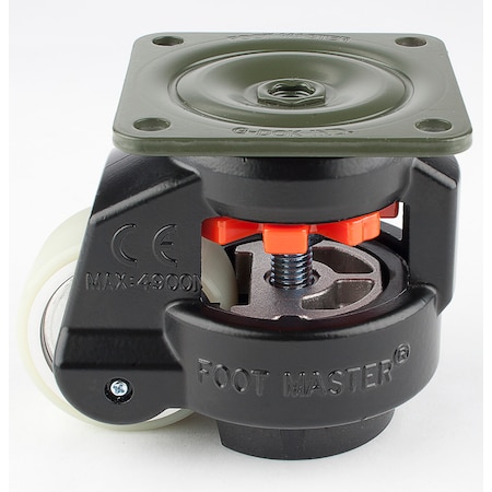 Foot Master Leveling Caster, 63 mm Polyurethane Wheel, 90x90 mm Plate, Swivel, 550 kg Cap, NBR Foot Pad, Black GD-80-F-HUP-FBL